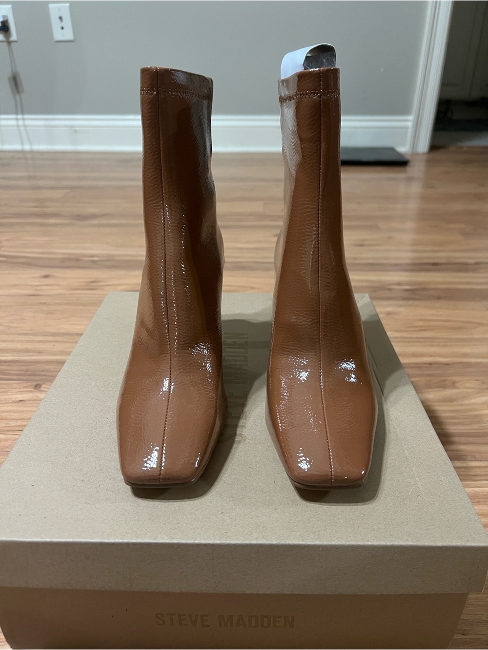 Steve Madden Tan Patent Leather Ankle Sock Boots